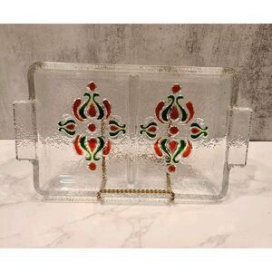 Alle Schönheit Walther Glass Serving Tray Clear Red/Green Floral WGermany Retro